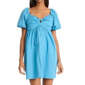 THE GOOD JORNEY BUBBLE DLEEVR BABY DOLL POPLIN CENTRE BLUE MINI DRESS NEW